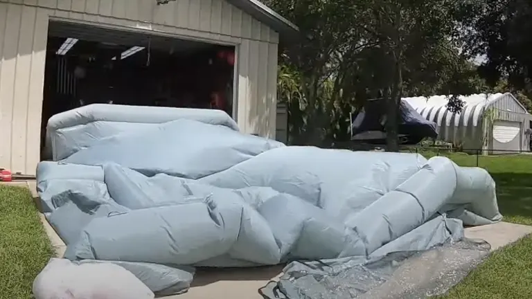 A deflated inflatable paint booth collapsed on the ground outside a garage, with a clear tarp nearby.