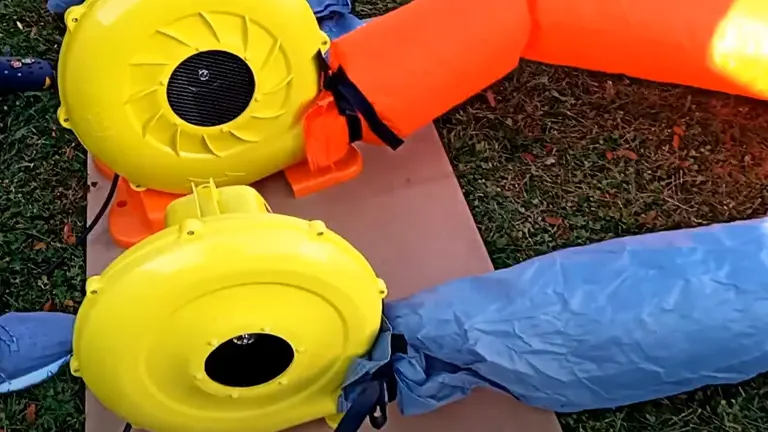 Two yellow air blowers connected to an inflatable structure, actively inflating it, on a grassy surface.