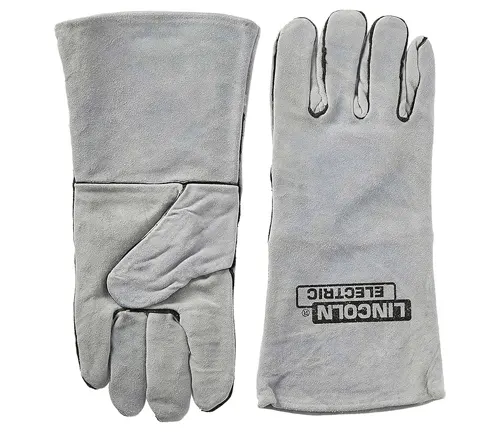 A pair of grey Lincoln Electric KH641 leather welding gloves.