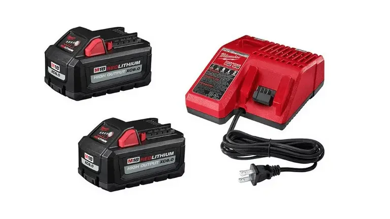 Two black and red Milwaukee M18 REDLITHIUM XC6.0 High Output batteries and a red Milwaukee battery charger, all isolated on a white background.