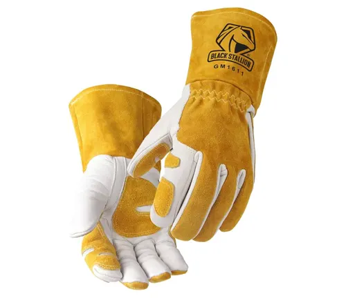 A pair of Revco GM1611 leather welding gloves with yellow back and white palm design.