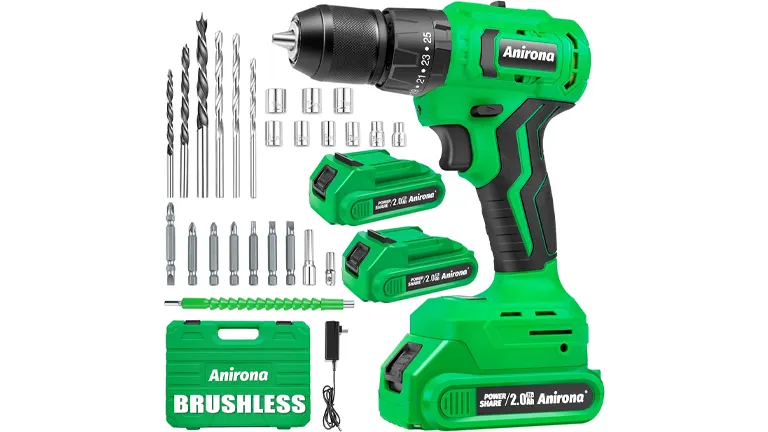 A complete Anirona brushless cordless drill set displayed against a white background, including the green and black drill, two batteries, a charger, drill bits, screwdriver bits, and a carrying case.