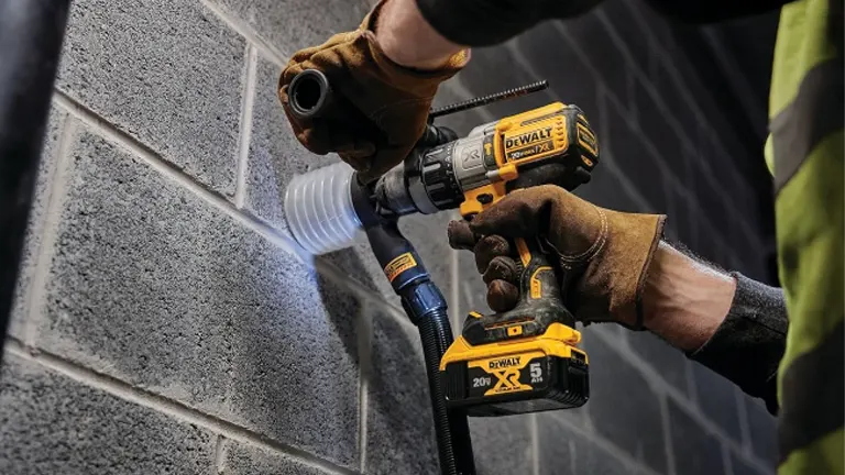 A person in leather gloves is operating a DEWALT 20V Max XR hammer drill with an attached dust collection system, actively drilling into a cinder block wall.