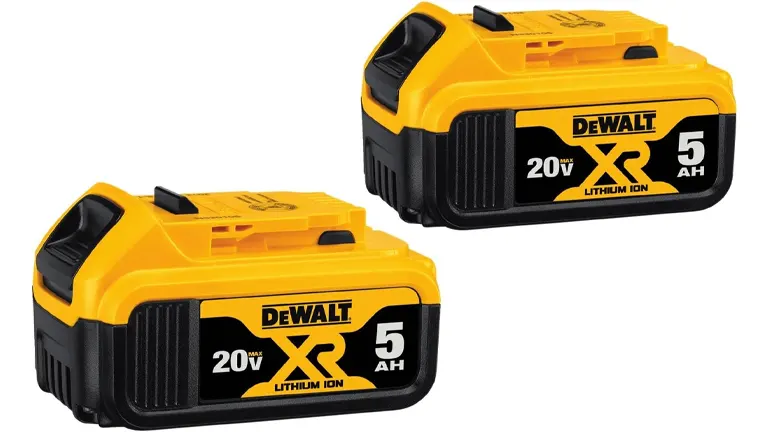 Two DEWALT 20V Max XR 5Ah Lithium-Ion batteries, showcasing the brand's signature yellow and black design.