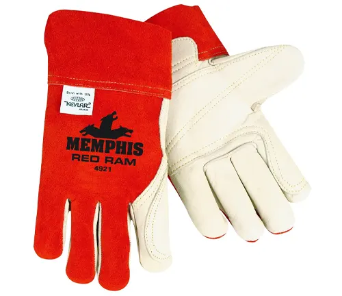A pair of Memphis Red Ram 4921 welding gloves with red Kevlar cuffs and white leather.