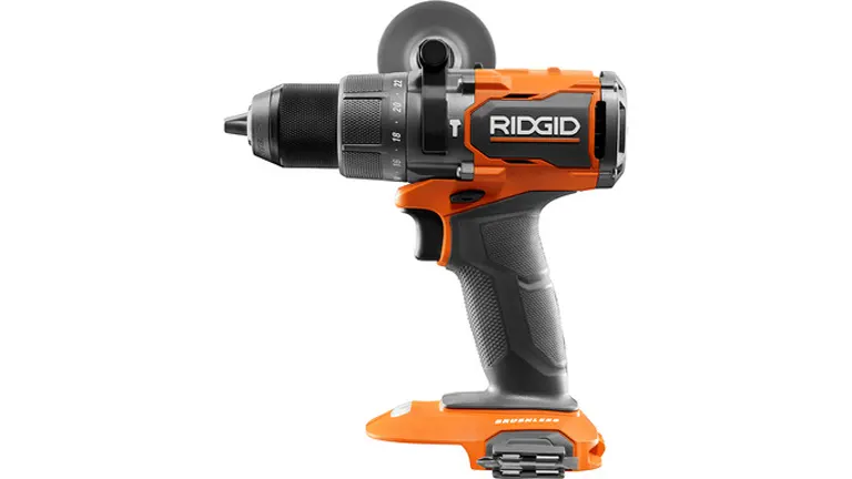 An orange and black RIDGID cordless hammer drill with a keyless chuck and textured grip.