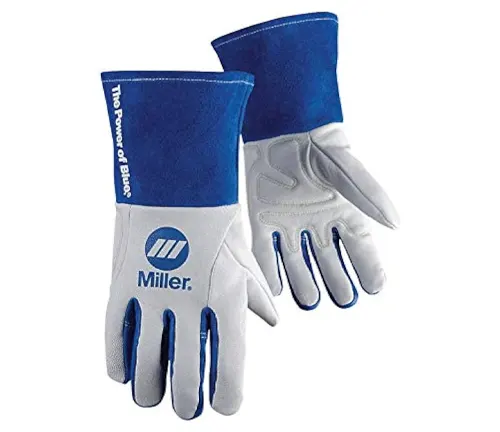 A pair of Miller welding gloves, white with blue trim and the logo visible, designed for hand protection.