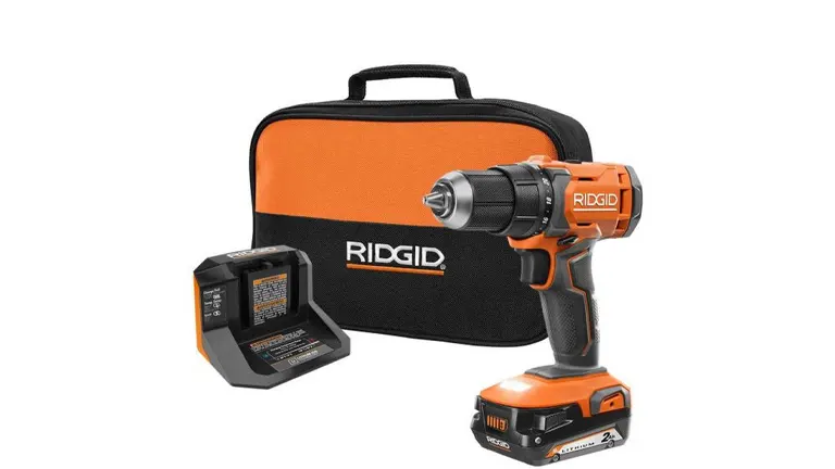 A RIDGID cordless hammer drill set with a battery, charger, and carrying case on a white background.