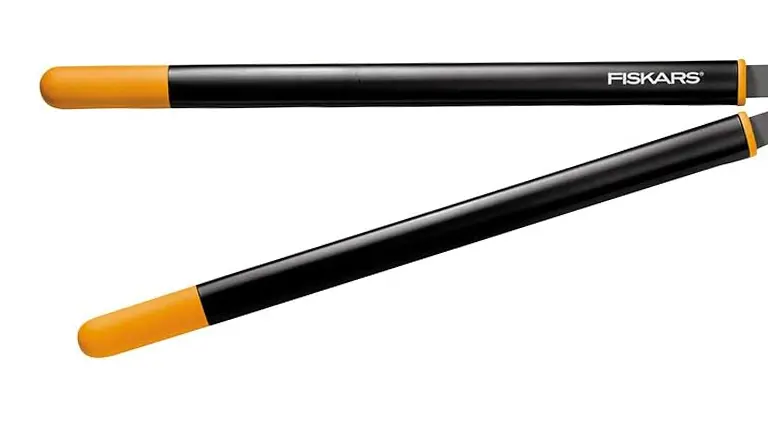 Two black handles of a Fiskars PowerGear Bypass Lopper with orange end caps, isolated on a white background, indicative of the brand's signature color scheme.
