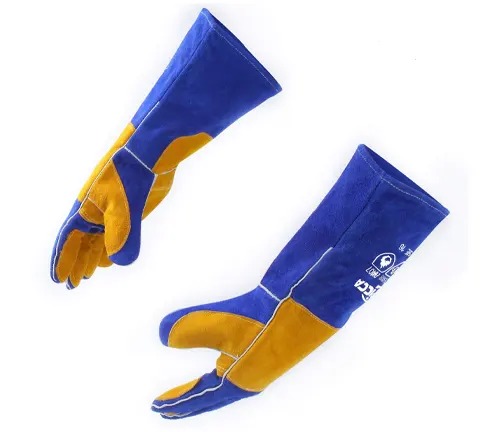 Pair of blue and tan RAPICCA 16-inch welding gloves resistant up to 932℉, on a white background.
