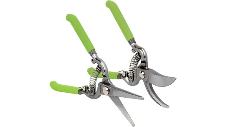 A pair of garden shears with green handles, designed for pruning, featuring sharp curved blades and a spring mechanism for easy opening.