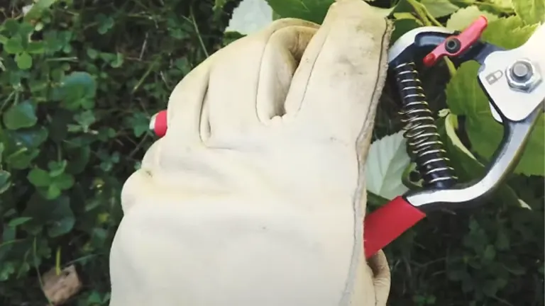 A gloved hand holding a pair of bypass pruners with red handles and a thumb lock, ready to prune, with green foliage in the background.