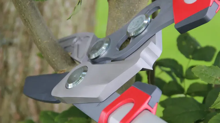 Close-up of a grey and red bypass lopper cutting a tree branch, highlighting the tool's sharp blade and gear mechanism for increased leverage.