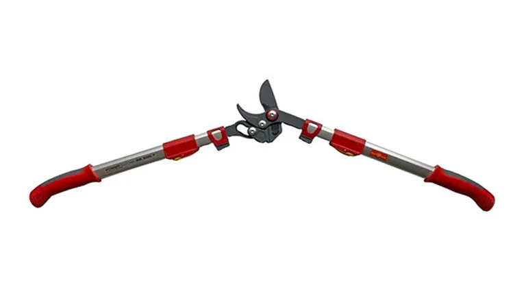 An image of a fully extended bypass lopper with red and silver handles, a black and silver cutting head, and red adjustment levers against a white background.