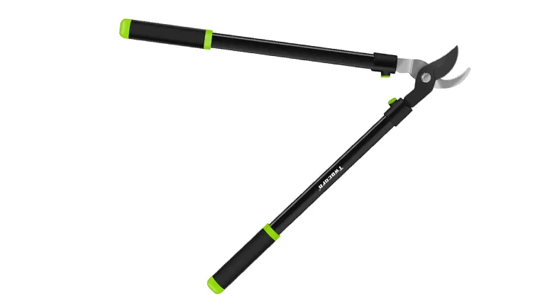 A graphic image of a modern bypass lopper with black handles, green grip accents, and a silver blade, set against a white background.