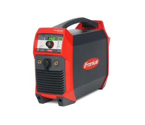 Portable Fronius AccuPocket 150 TIG/Stick Welder with digital display, in red and black.