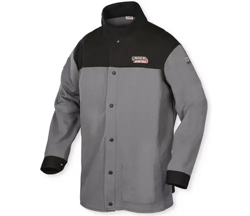 Lincoln Electric XVI Series industrial welding jacket in grey with black shoulders and a high collar.