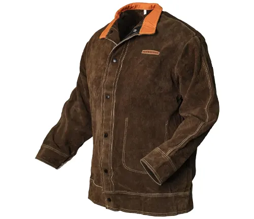 Brown welding jacket with orange collar detailing, labeled as flame retardant and heavy duty, designed for welding work.