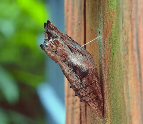 A Black Swallowtail Butterfly moth hanging from a wooden post during its pupal stage.