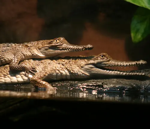 Breeding behavior of Gharial Crocodile: Male and female Gharials perform courtship displays in water before mating.