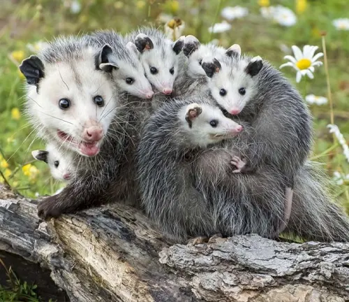 A family of Virginia Opossums on a log, showcasing the development of young.