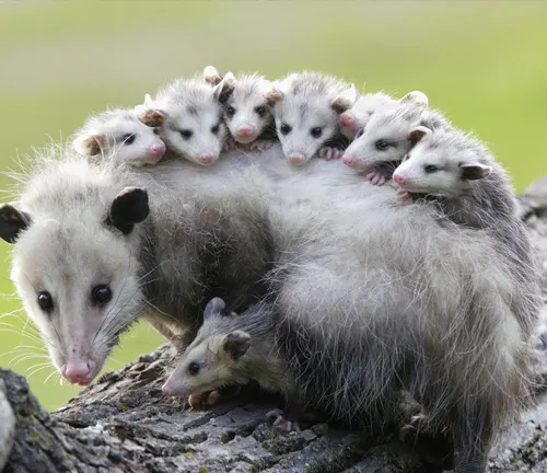 Mother possum carrying babies on her back, showcasing reproduction and social behavior of the Common Opossum.
