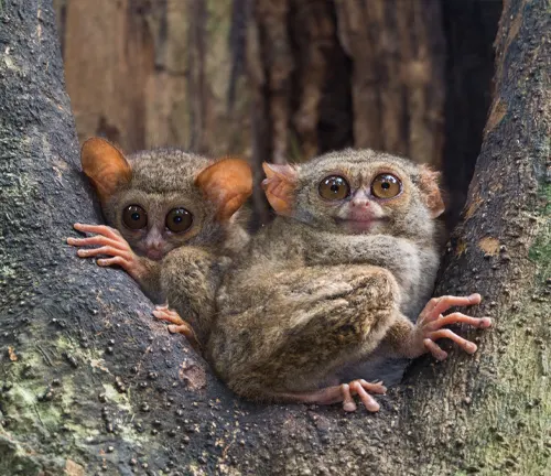 Two tarsiers perched on a tree branch, showcasing the "Eastern Tarsiers" reproduction and life cycle.