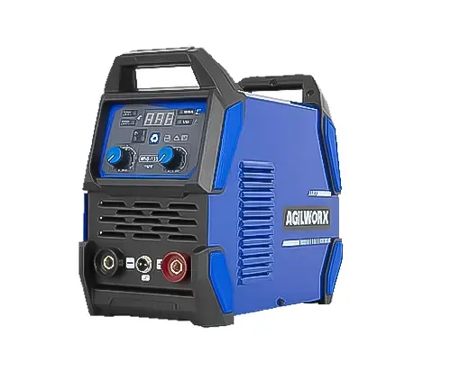 Blue AC/DC multi-process welding machine with a digital display and control knobs on a white background.