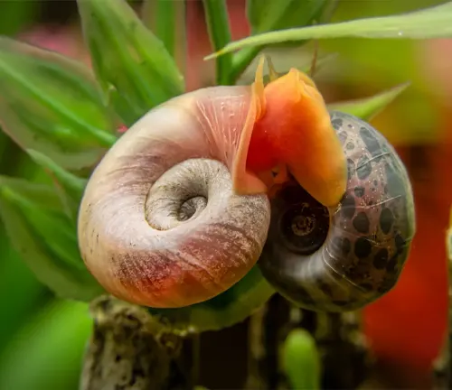 Two snails stacked on top of each other, showcasing "Ramshorn Snail" breeding behavior.