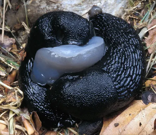 A black and white slug with a white blob on it, showcasing "Black Slug" Reproduction.