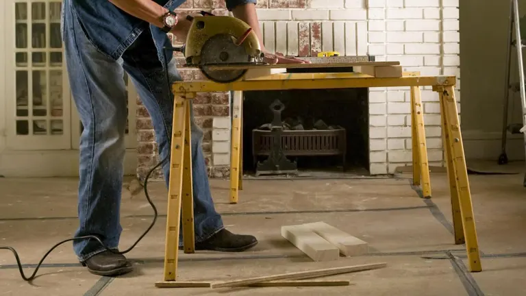 Person using miter saw on a Sawhorse 