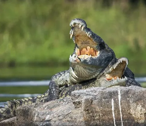 Two Nile crocodiles facing each other with open mouths, displaying their sharp teeth and making loud hissing sounds.