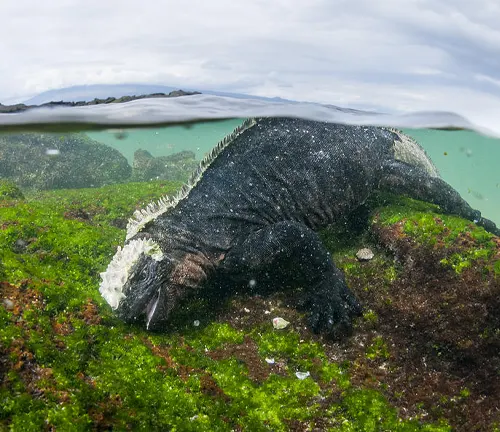 Marine iguana eating algae underwater.