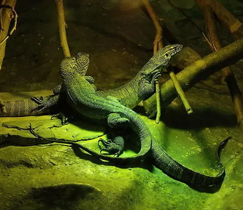 Two Mangrove Monitor lizards perched on a rock in an enclosure.