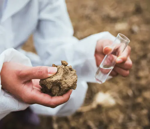 Scientist holding soil and a test tube in a field.