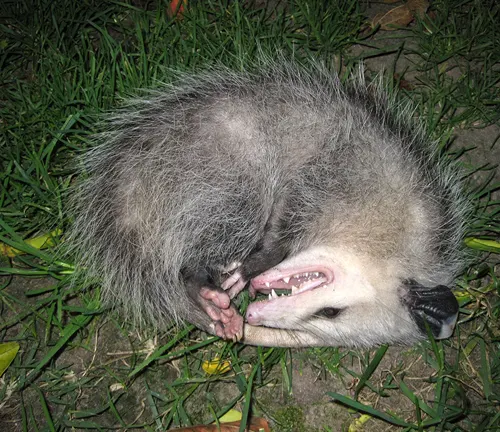A Virginia Opossum playing dead, laying on the ground with its mouth open.