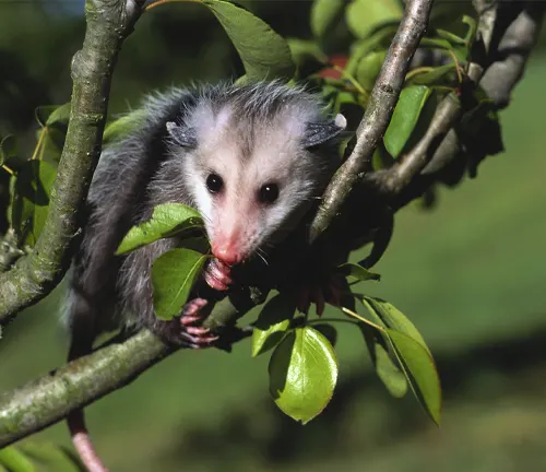 A small possum perched on a branch, showcasing survival strategies of the Common Opossum.