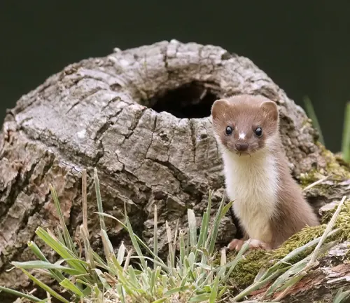 A stoat sitting in grass near a tree, showcasing "Stoat" Techniques in Hunting.