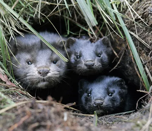 Three small black and white ferrets peeking out of a hole, showcasing the "American Mink" reproductive cycle.