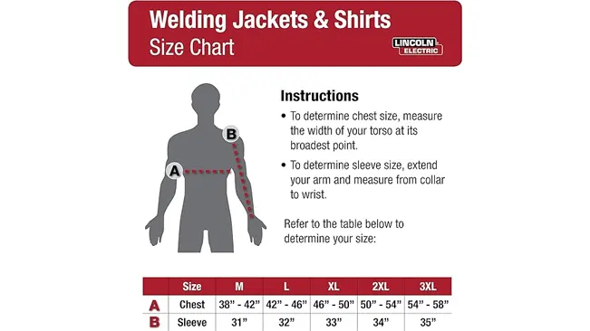 Size chart for Lincoln Electric welding jackets and shirts, featuring measurement instructions and a size table.