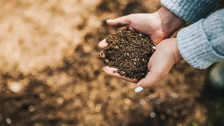 Cupped hands holding rich, dark compost soil with a blurred background, highlighting sustainable gardening.
