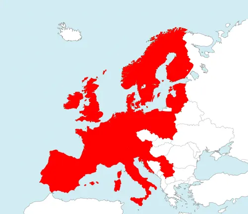 Map of Europe with highlighted countries in red, illustrating Migration Patterns of the Red Admiral Butterfly.
