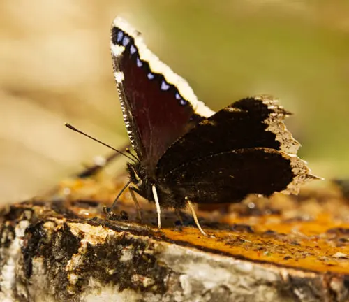 A "Mourning Cloak Butterfly" perched on a log in the woods.