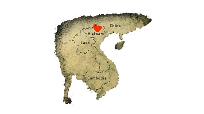 Map of Indochina with a red heart marking the habitat of Ziegler's Crocodile Newt in Vietnam.