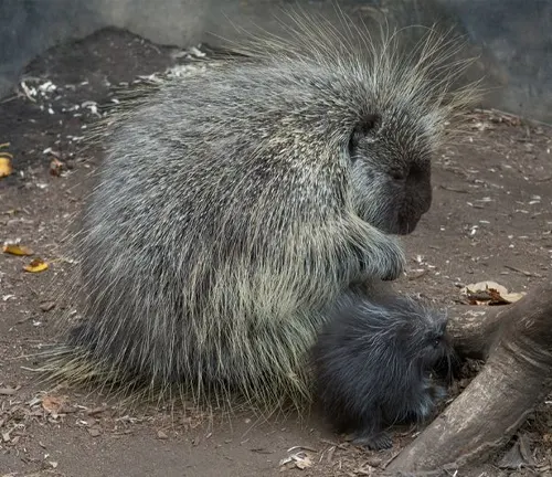 A North American Porcupine with its baby in an enclosure, showcasing the threats faced by this species.