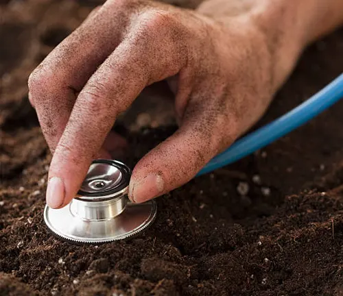 Hand with a stethoscope on soil, symbolizing soil health