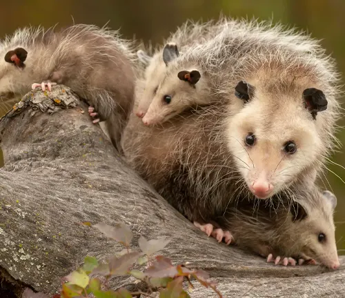 Three Virginia opossums sitting on a log.