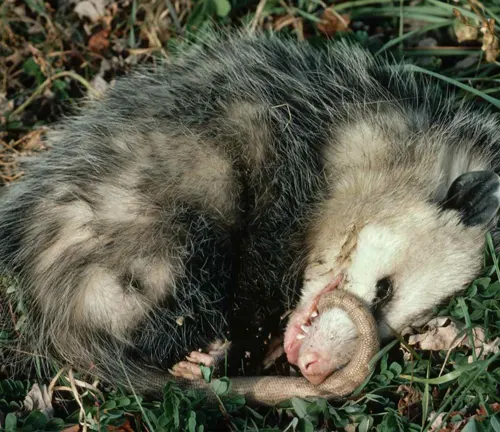  "Common Opossum with gray fur, long snout, and hairless tail, standing on hind legs in a forest setting."


