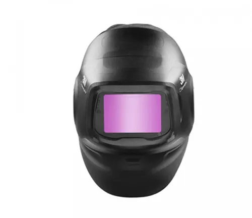 Front view of a black 3M Speedglas Welding Helmet G5-01 with a purple auto-darkening lens.