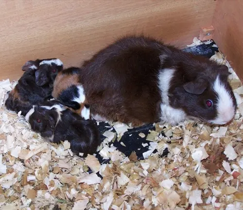 Guinea pig babies in a cage - adorable Coronet Guinea Pig offspring in a cozy enclosure.